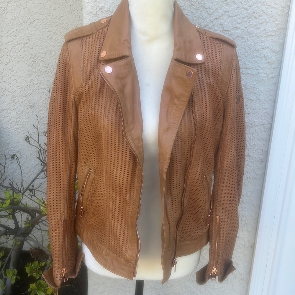 Mauritius Sinta Caramel Tan Leather Moto Jacket Women's Size 10